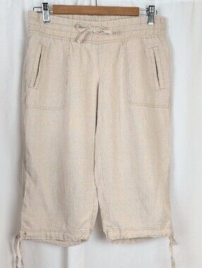 Simons Twik Beige 100% Linen Drawstring Capri Pants Size Medium EUC
